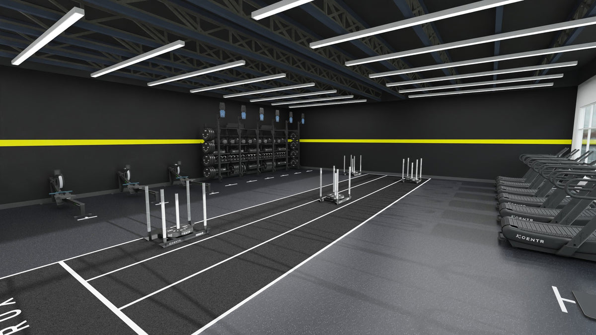 Conceptbeeld van een HYROX trainingsruimte met sledbanen en rigs