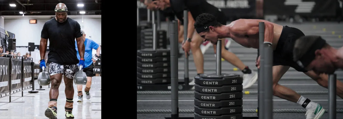 Two images of an athlete with a training sled in an indoor venue