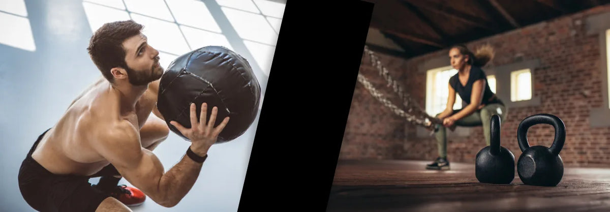 Man training with a medicine ball beside kettlebells in a gym