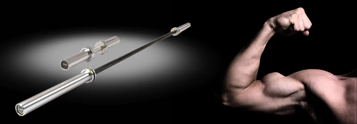 Barbell beside a flexed arm muscle