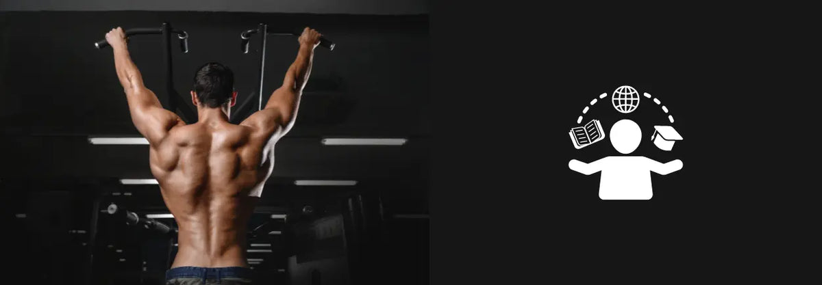 Man with a muscular back against a dark background beside an exercise icon