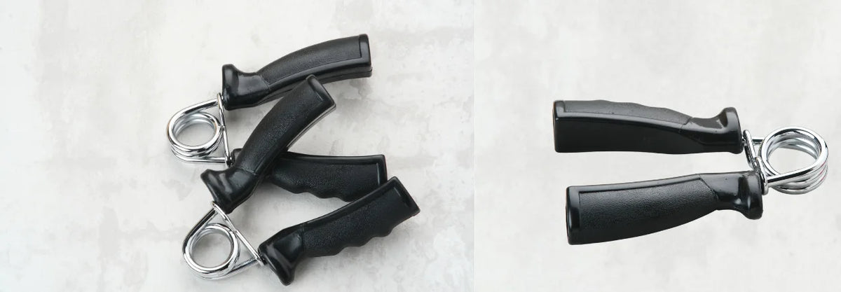 Two hand grippers with black handles on a white background