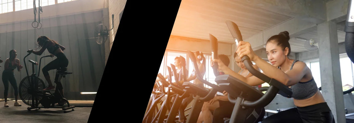 Two people exercising on exercise bikes in different settings