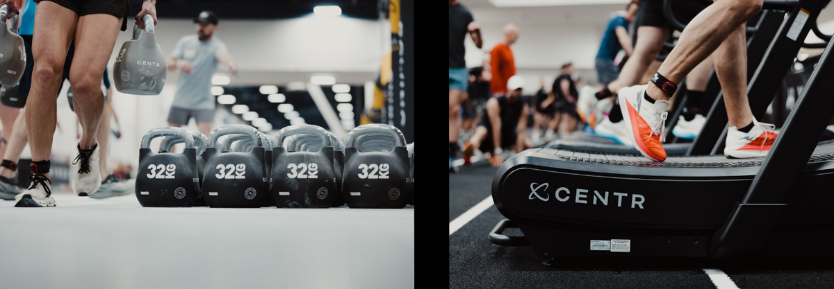 Kettlebells on a gym floor and an athlete with a training sled