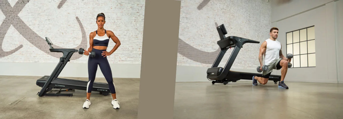 Two people exercising on a treadmill and a strength machine