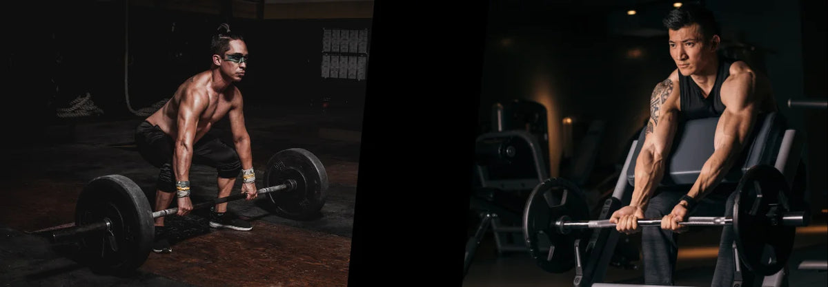 Man lifting a barbell and woman on a cardio machine