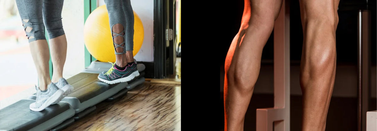 Legs on a treadmill beside a close-up of a muscular calf