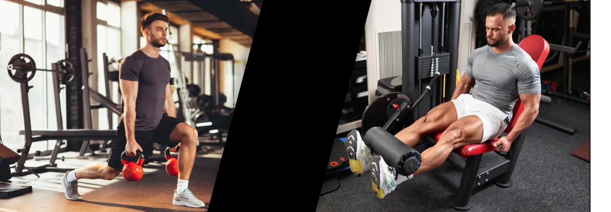 Two people exercising on strength machines in a gym
