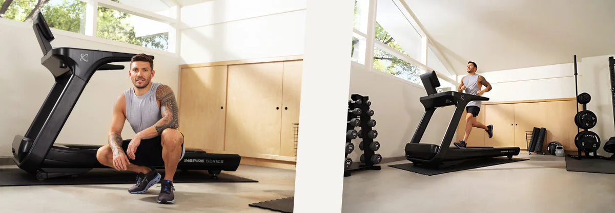 Man sitting on the floor beside a treadmill in a bright exercise room