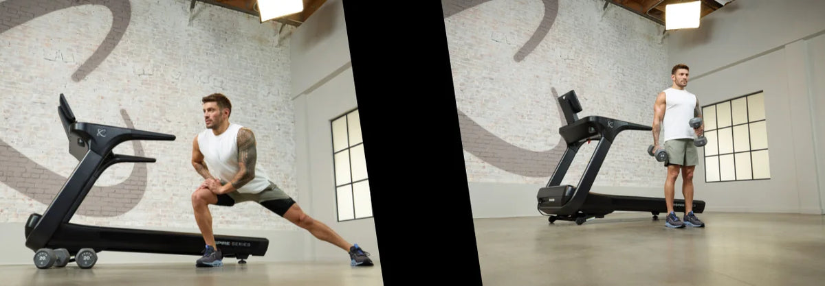 Two images of a man exercising on and beside a treadmill
