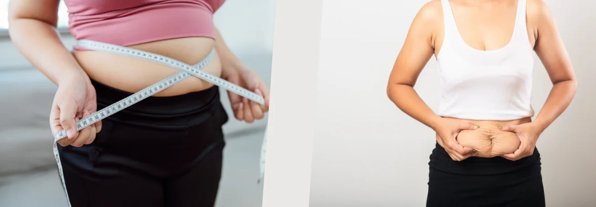 Twee foto's van een taille met meetlint en een buik in sportkleding