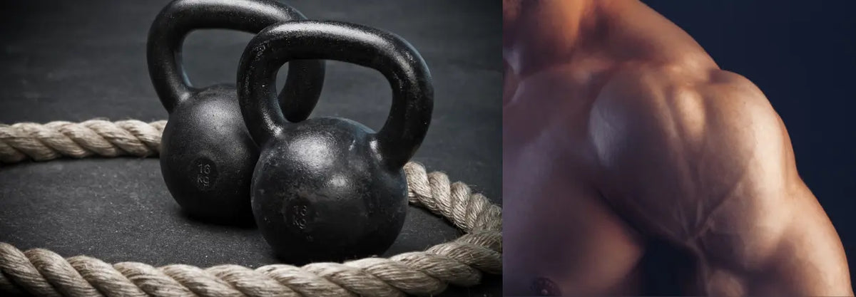 Kettlebells beside a close-up of a shoulder