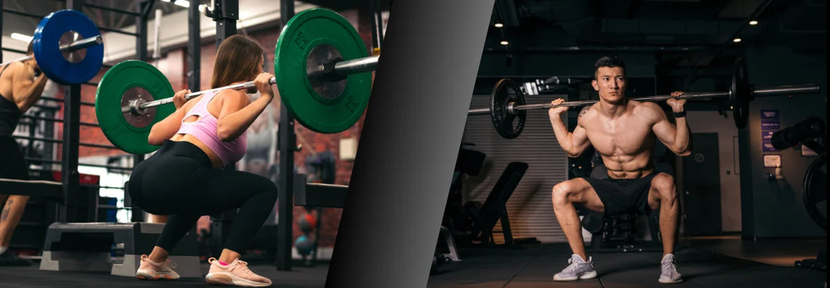 Athletes doing barbell squats in a gym