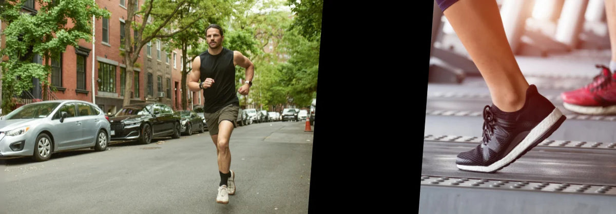 Runner on a street beside a close-up of running shoes