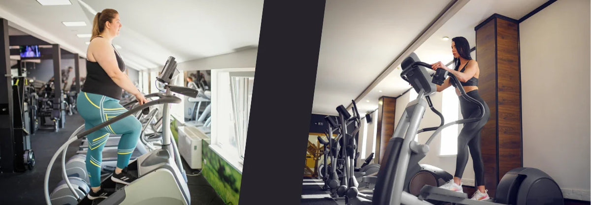 Two people exercising on stair climbers in a gym