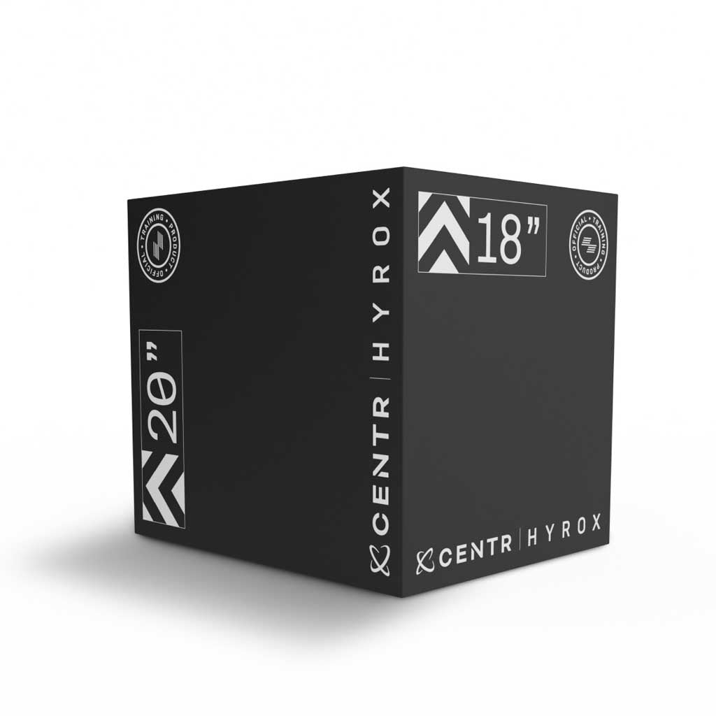 Black foam plyometric box with white CENTR and HYROX logos and the markings “18”” and “20”.”