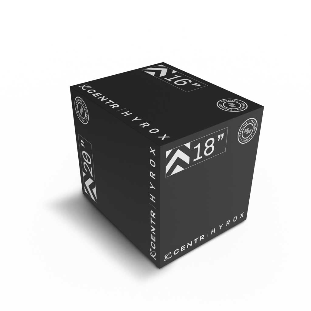 Black foam plyometric box with white CENTR and HYROX logos and the markings “20”” and “24”.”
