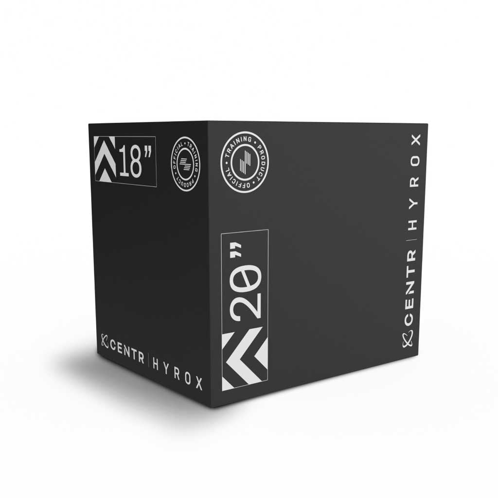 Black foam plyometric box with white CENTR and HYROX logos and the markings “18”,” “20”,” and “24”.”