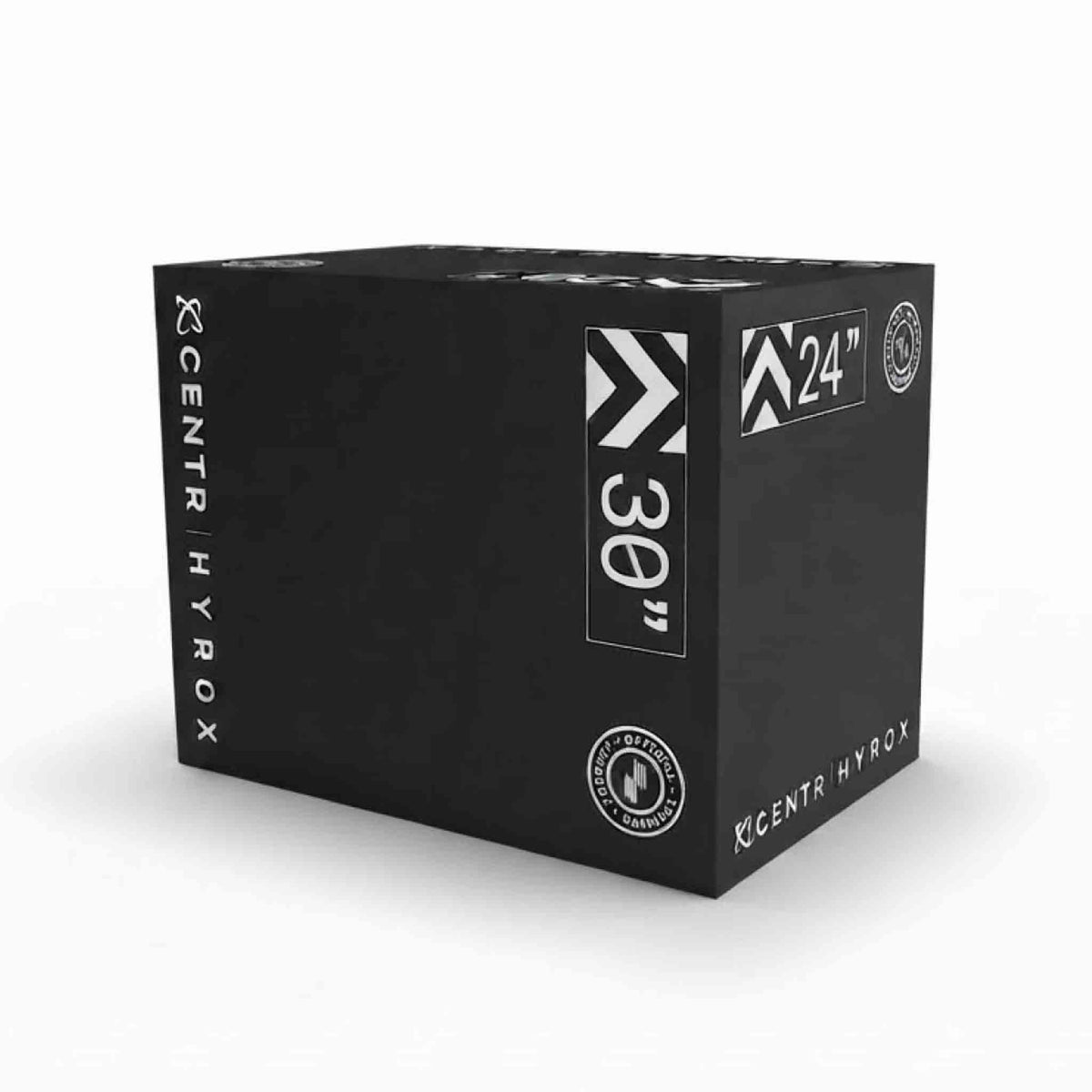 Black foam plyometric box with white CENTR and HYROX logos and the markings “20”,” “24”,” and “30”.”