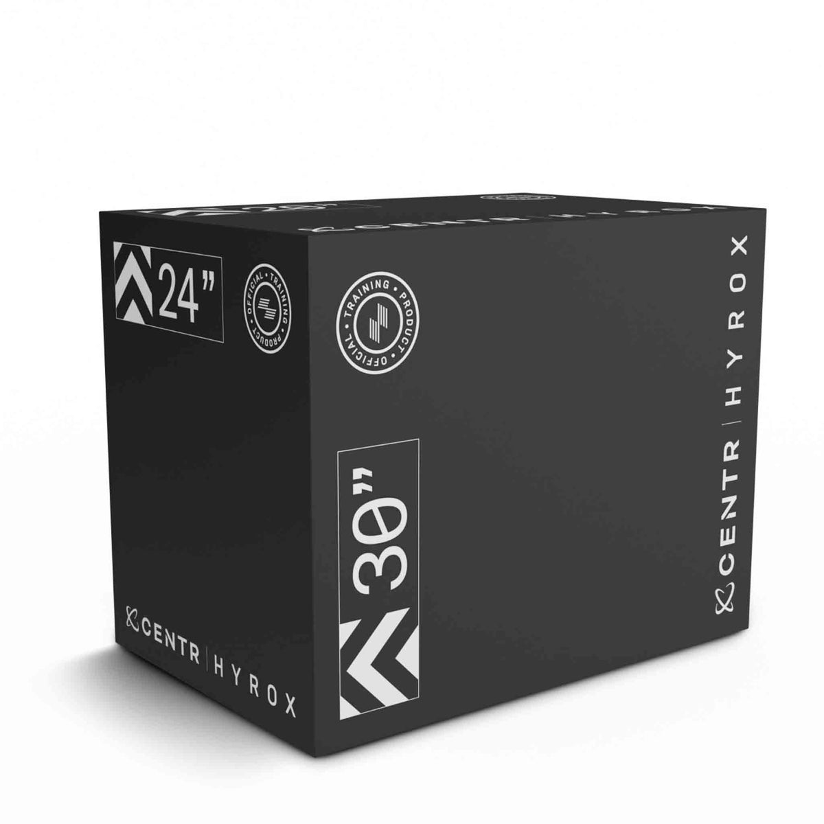 Black foam plyometric box viewed from above at an angle, with white CENTR and HYROX logos and size markings.
