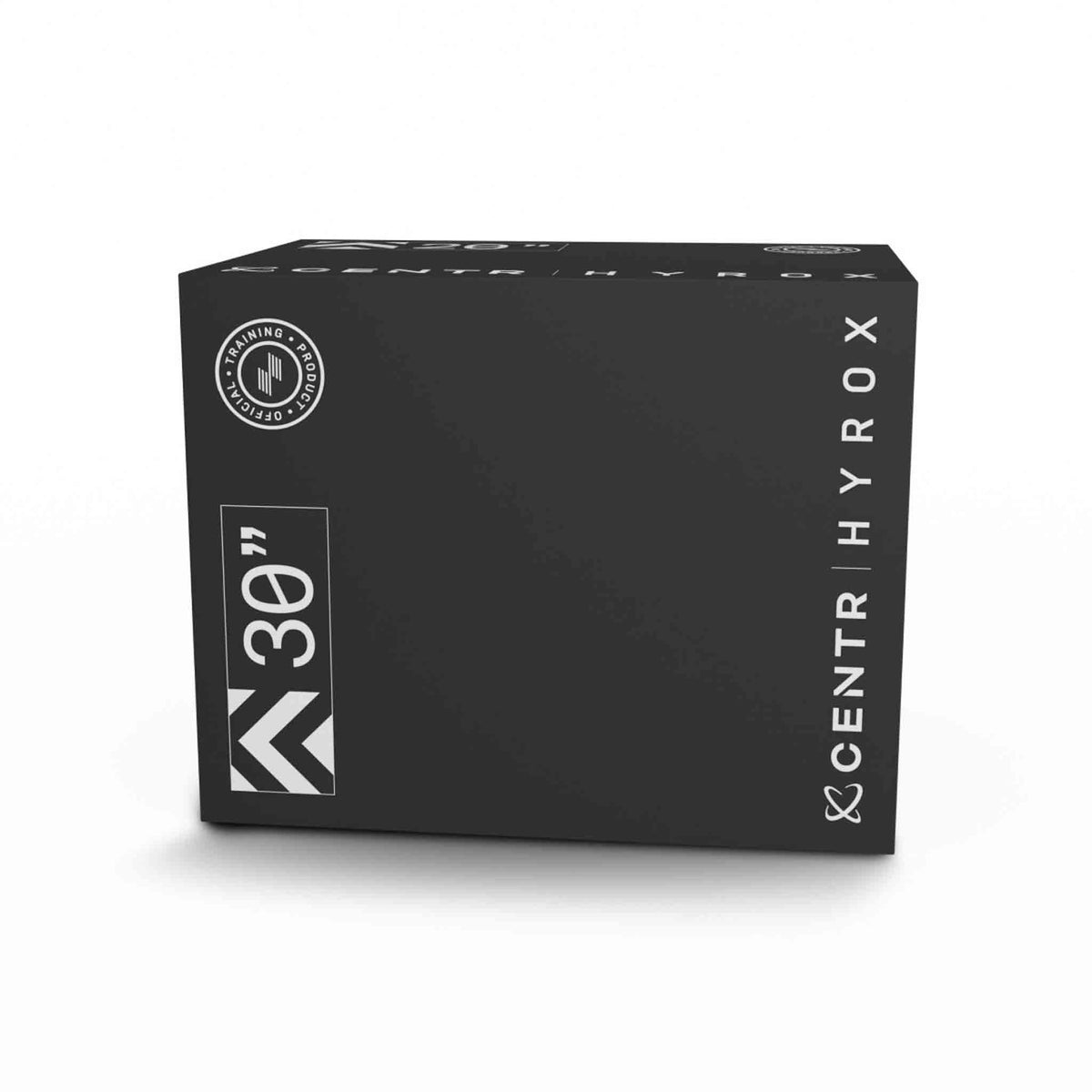 Black foam plyometric box viewed from the front, with white CENTR and HYROX logos and the markings “24”” and “30”.”
