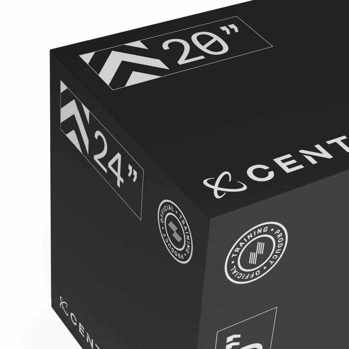 Close-up of white CENTR and HYROX logos and size markings on the top and side of a black foam plyometric box.