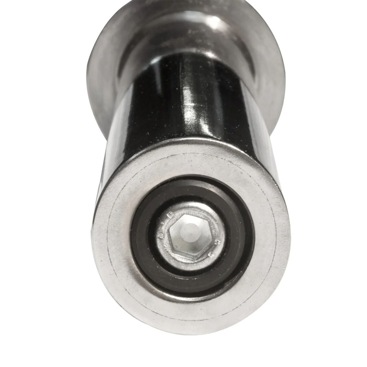 End of a chrome barbell, viewed from the front with a black ring and silver center.