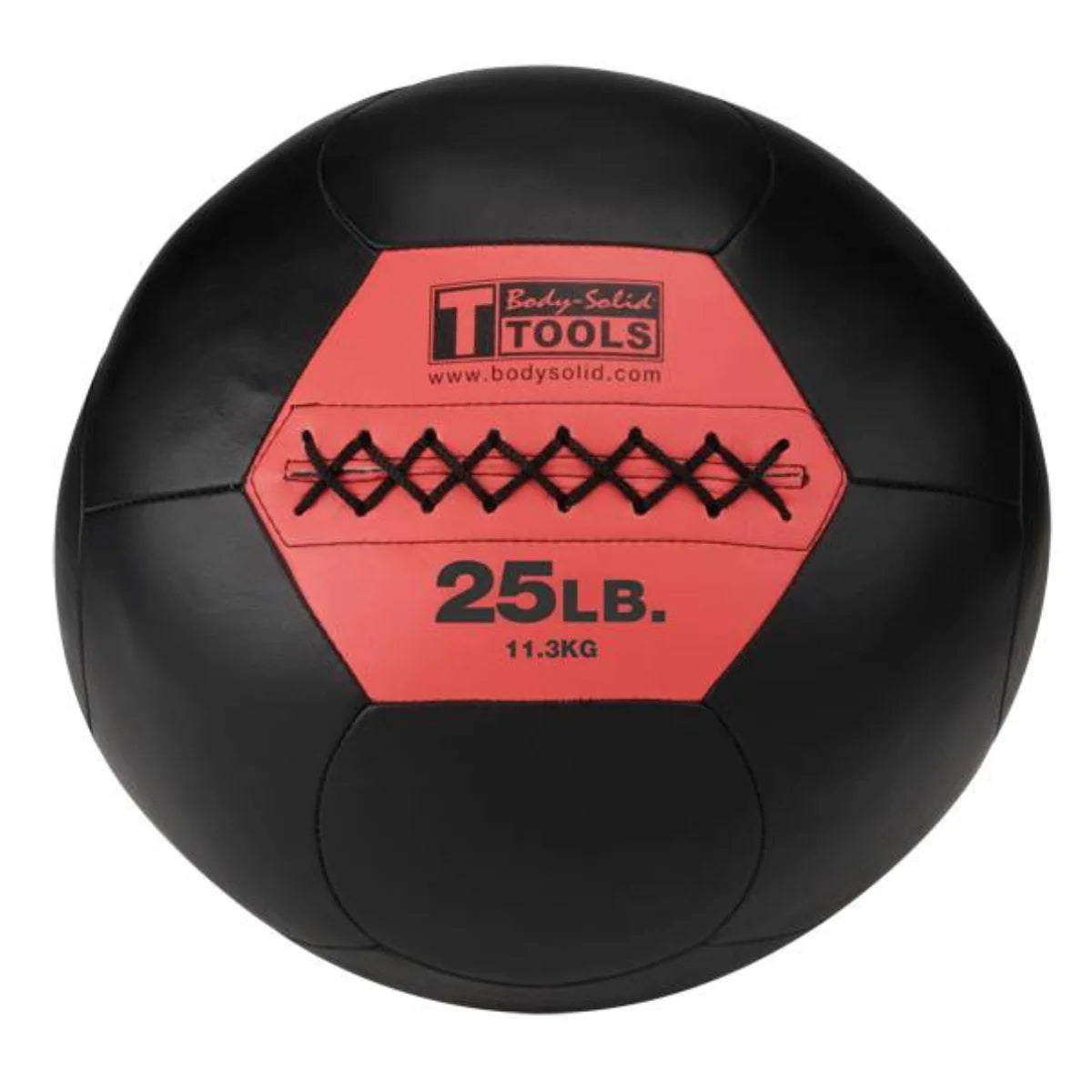 Zwarte medicijnbal met rood label waarop 25 LB staat.