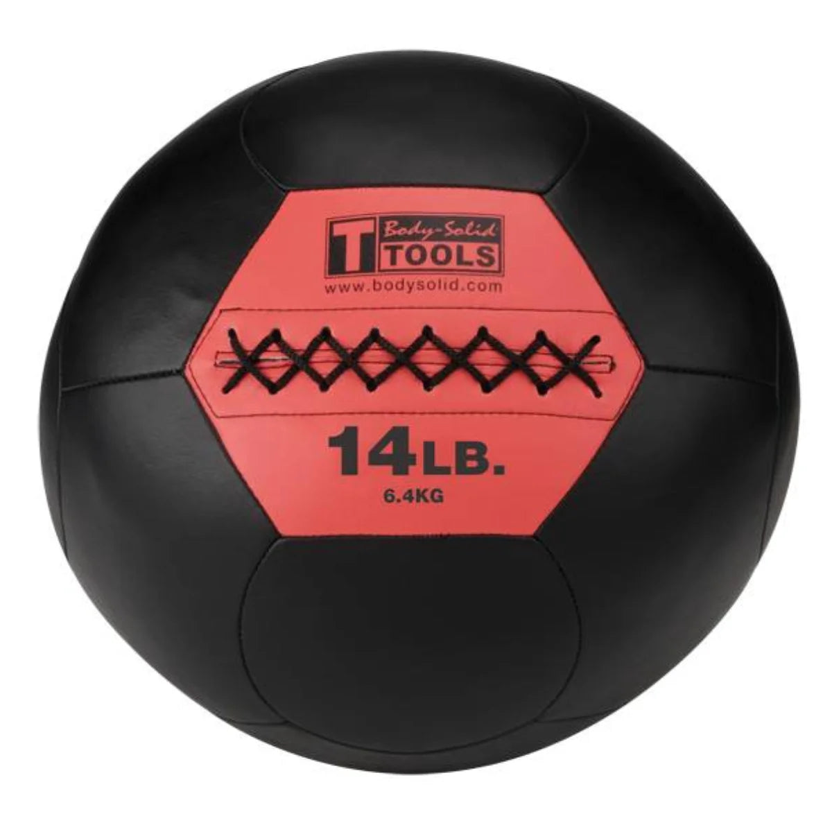 Zwarte medicijnbal met rood label waarop 14 LB staat.