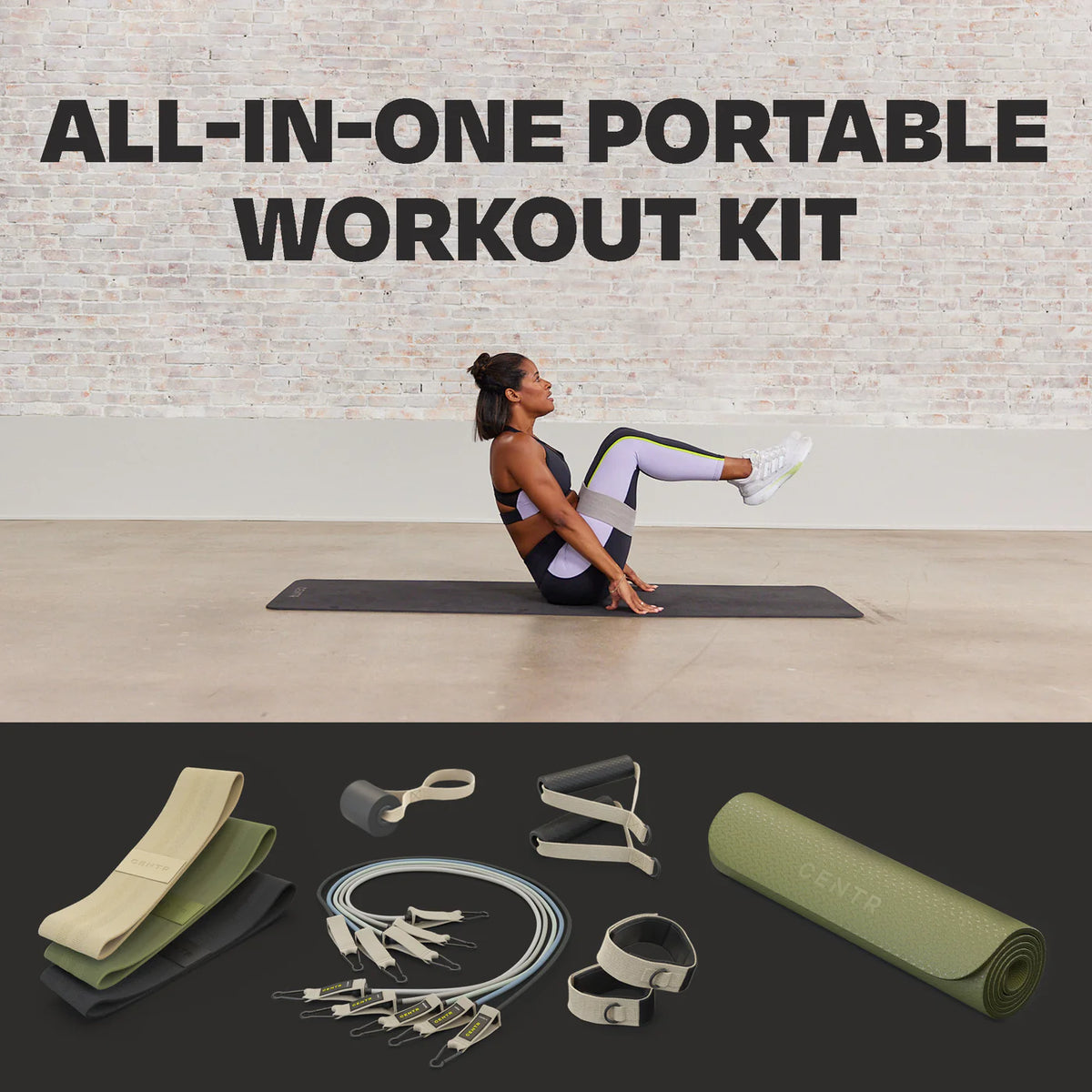 Infographic met de kop ‘ALL-IN-ONE PORTABLE WORKOUT KIT’, een vrouw die op een mat zittend haar benen optilt en accessoires onderaan.
