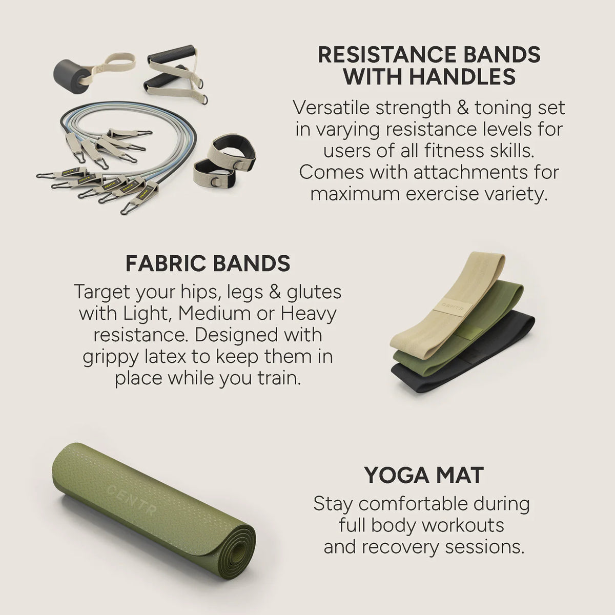 Infographic met de koppen ‘RESISTANCE BANDS WITH HANDLES’, ‘FABRIC BANDS’ en ‘STRAIGHT BAR’, met afbeeldingen van de banden en stang.