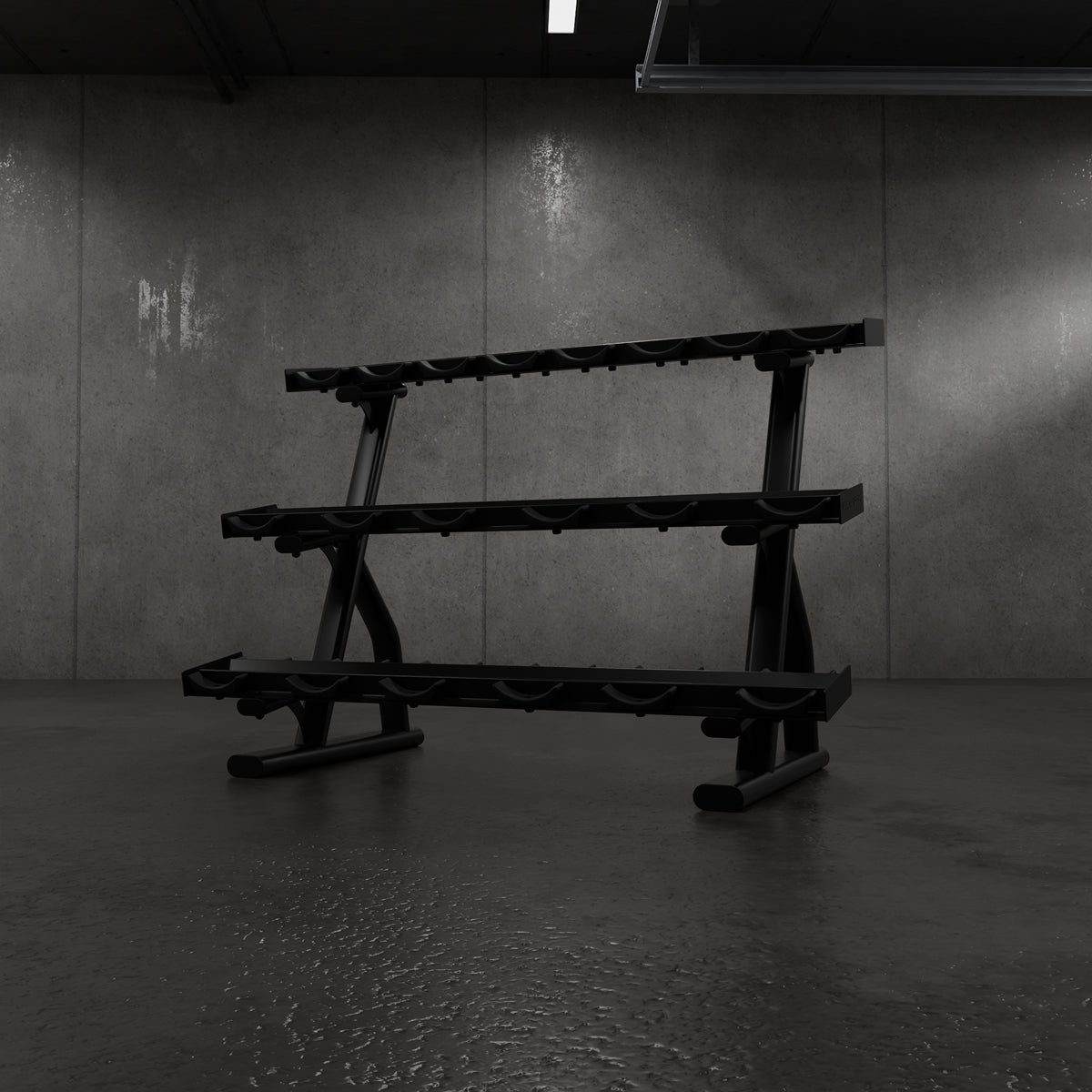 Dumbbell rek voor 10 paar opgesteld in een trainingsruimte