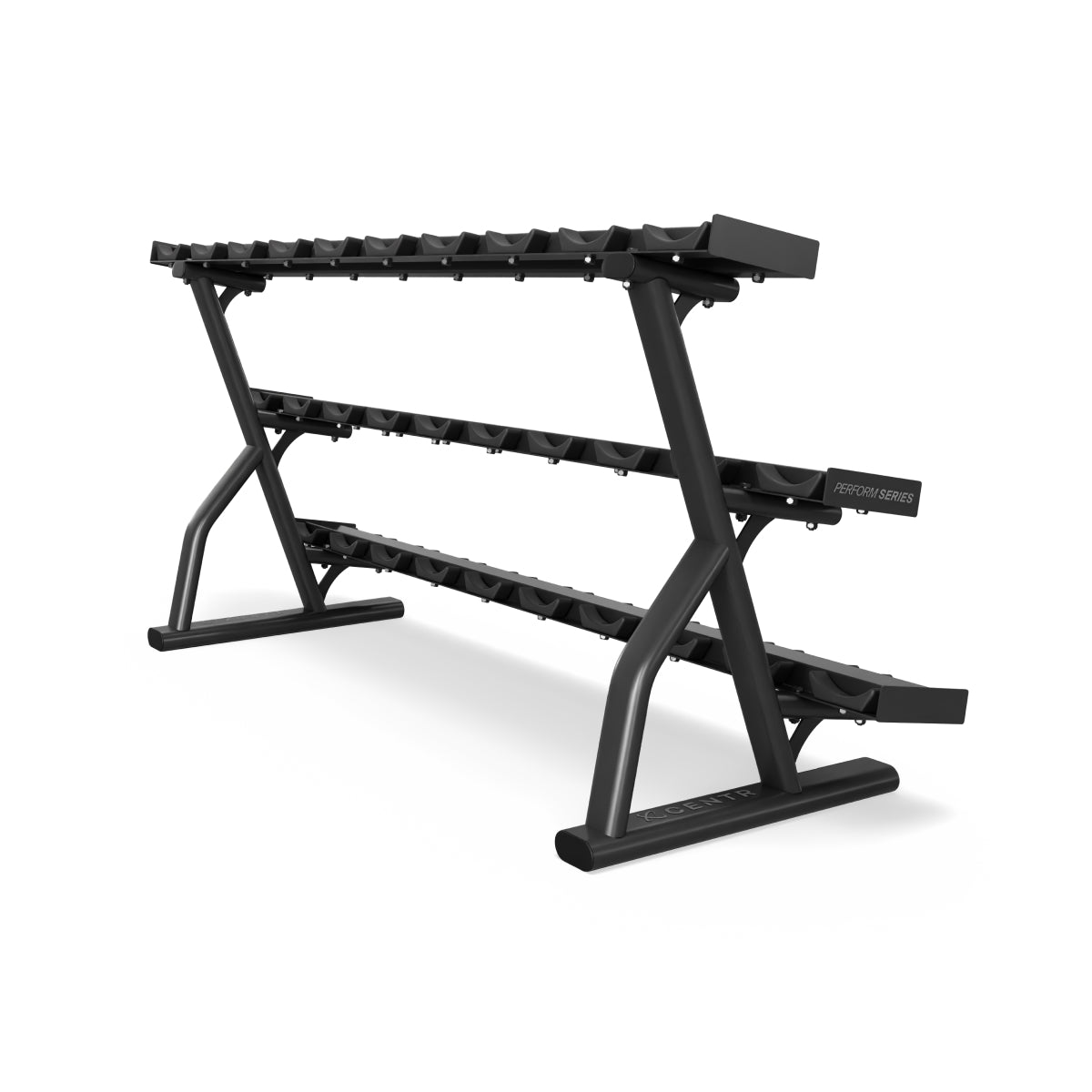 Achterzijde van het 15-paar dumbbell rek, schuin gefotografeerd