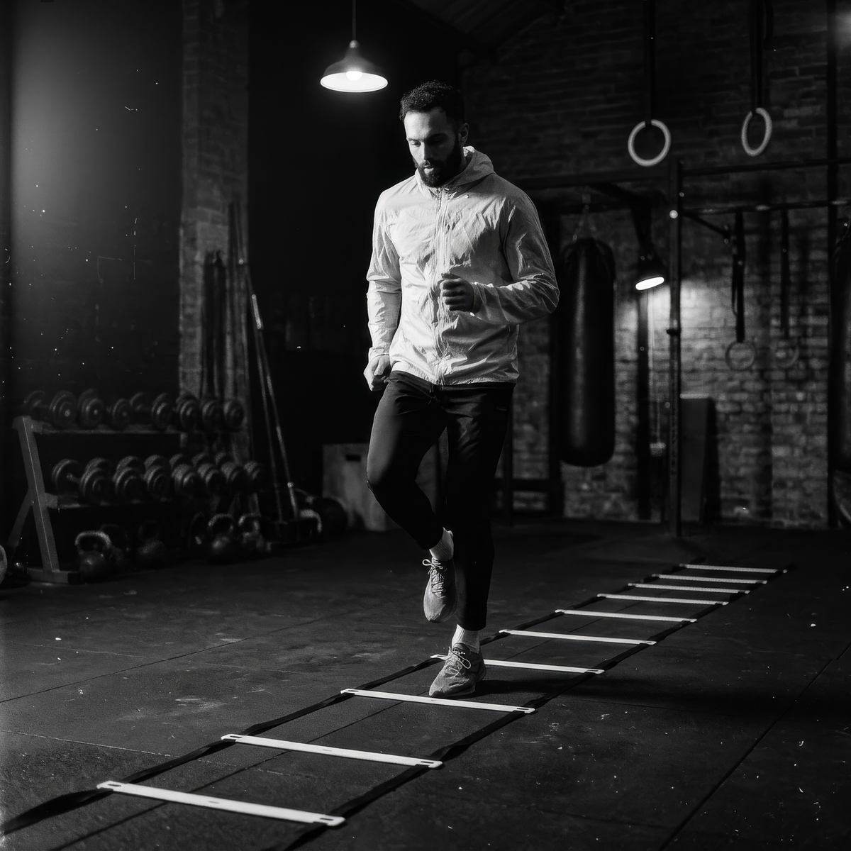 Sporter doet voetenwerkdrills op de agility ladder, binnen