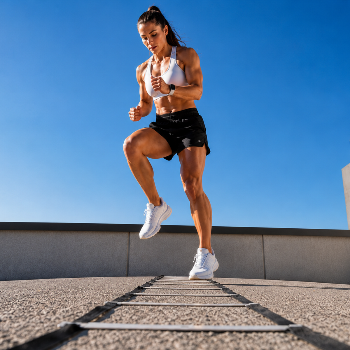 Sporter voert ladderdrills uit in de buitenlucht