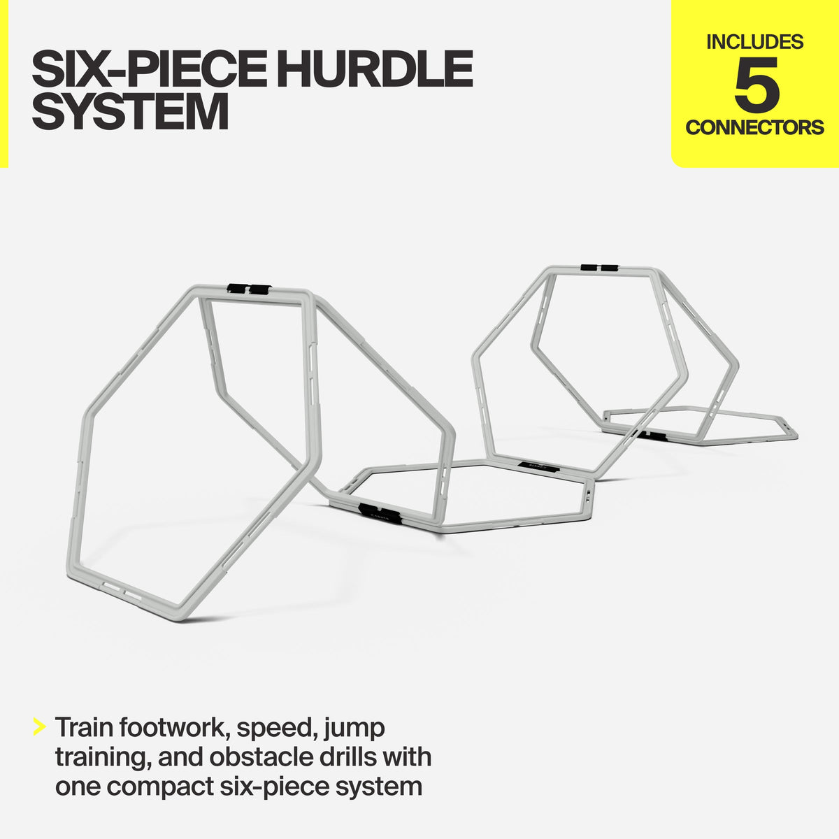 Infographic met de inhoud van de set: zes hurdles en vijf connectors