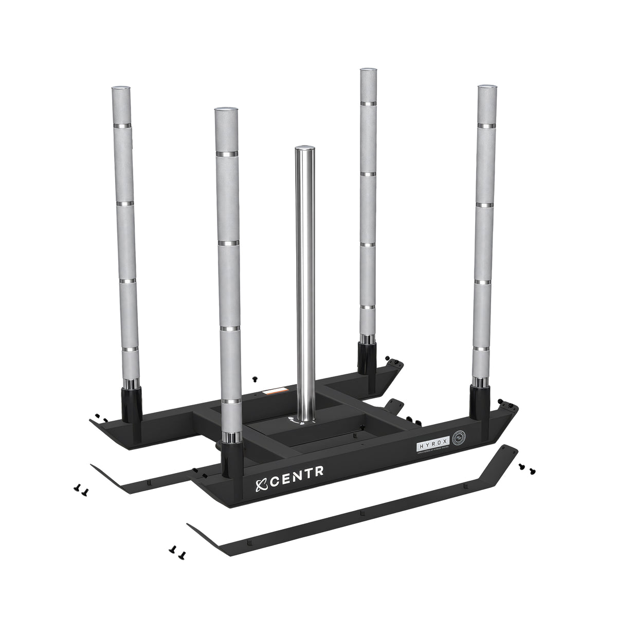 Exploded view van de power sled met twee vervangbare blades en bevestiging