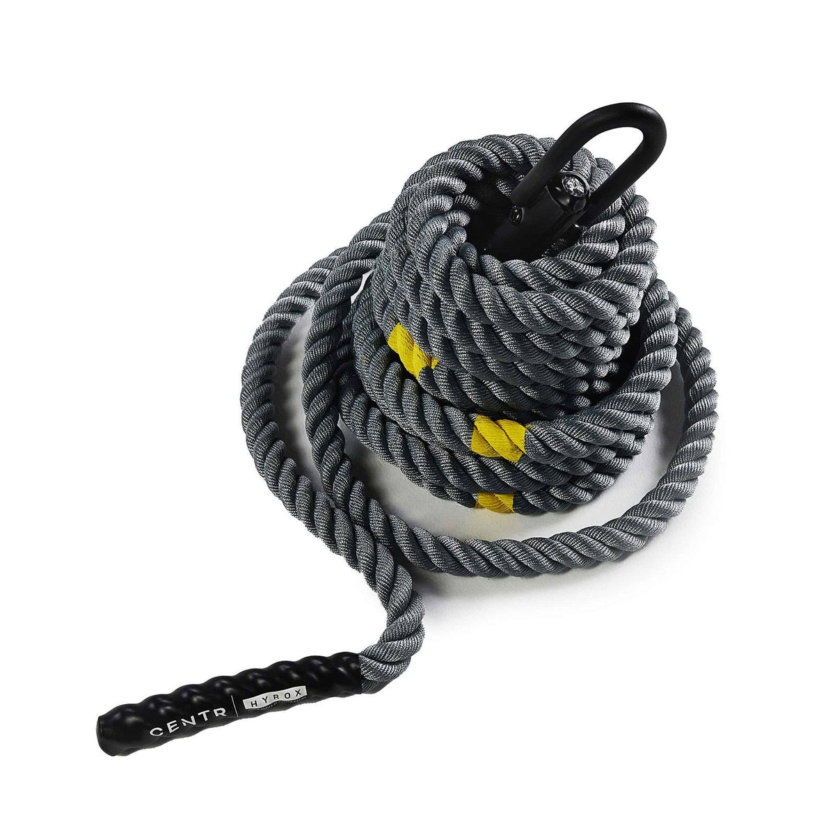 Opgerold grijs power rope met lus en gele markeringen op een lichte achtergrond.