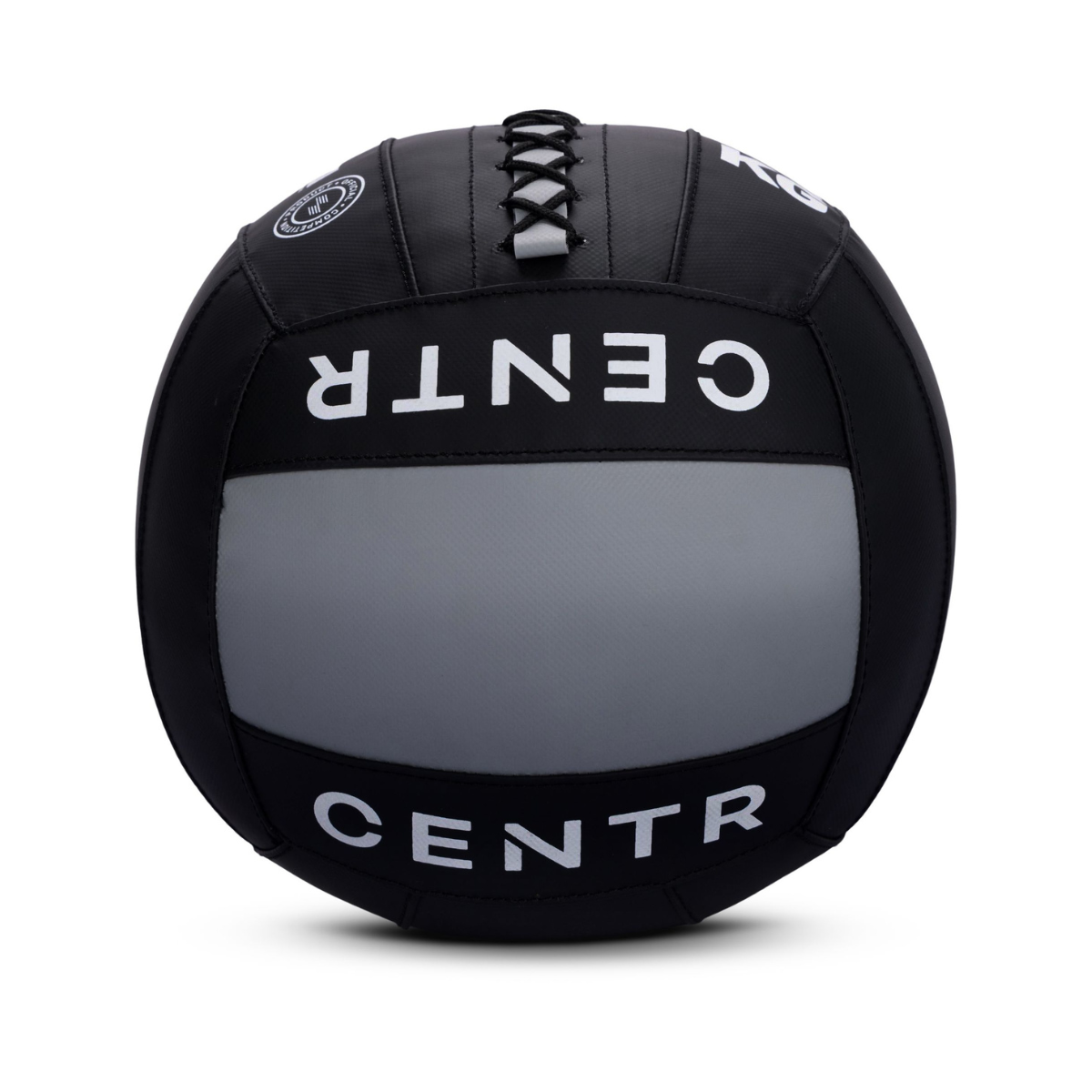 Zwarte gewatteerde fitnessbal met een grijs middenpaneel en de tekst ‘CENTR’.
