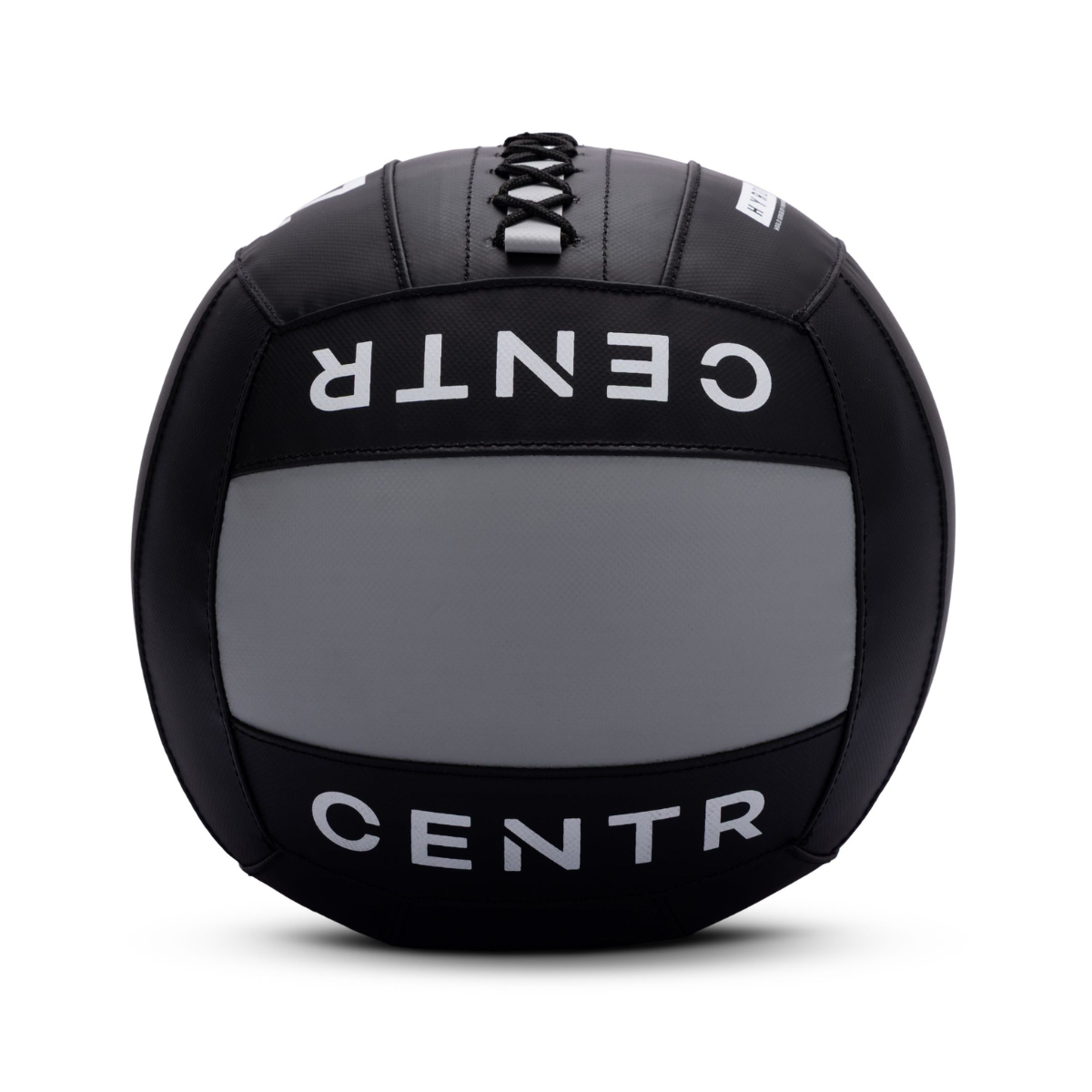 Zwarte gewatteerde fitnessbal met grijs middenpaneel en de tekst ‘CENTR’.