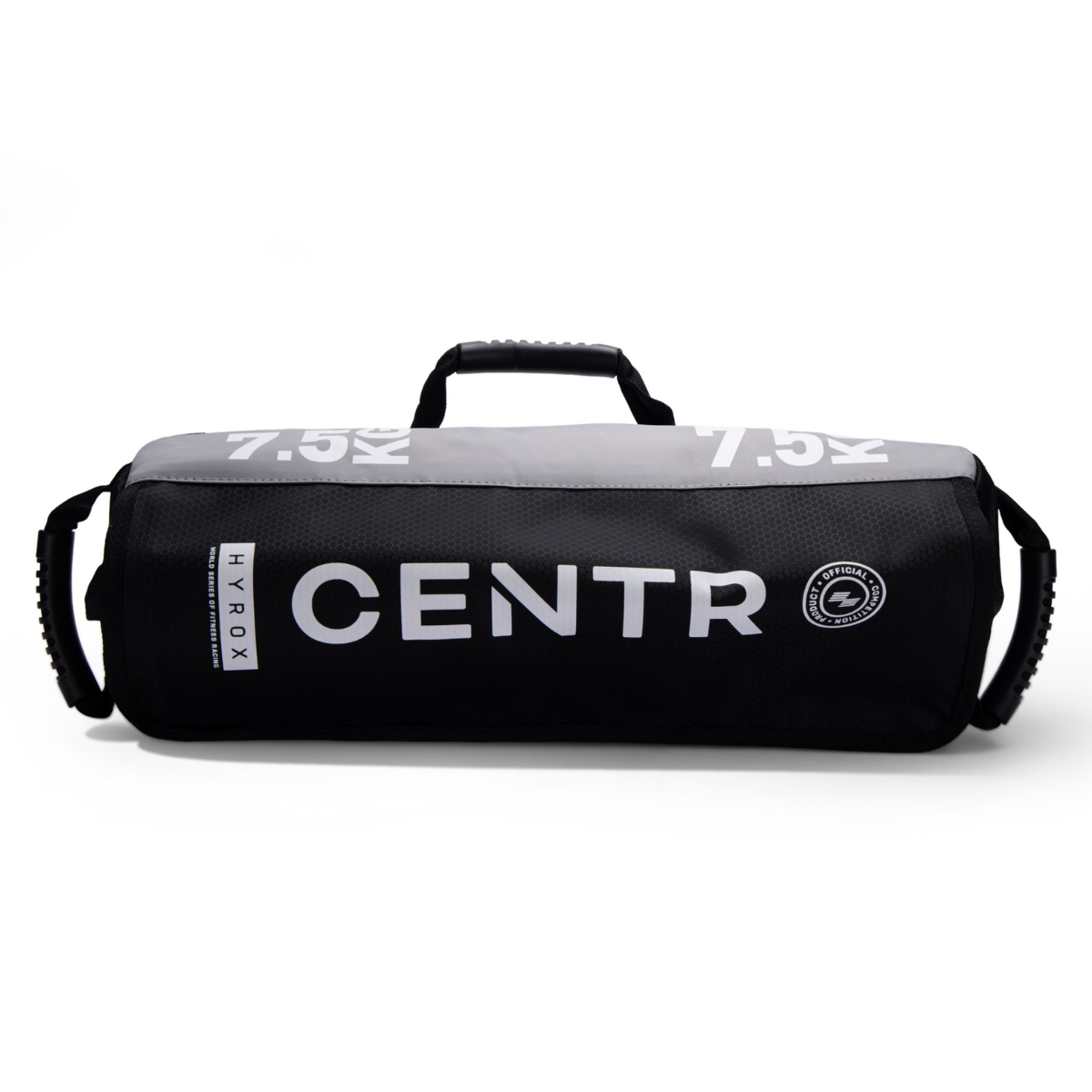 Zwarte cilindervormige trainingszak met handgrepen, ‘CENTR’-tekst en de markering ‘7.5 KG’.