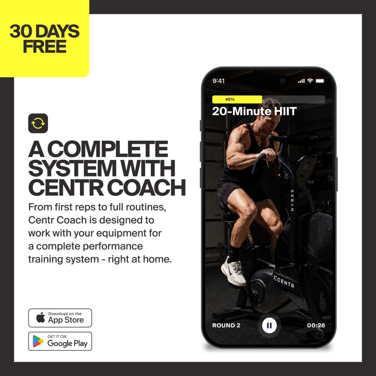 Promotiebeeld met ‘30 DAYS FREE’ en ‘A COMPLETE SYSTEM WITH CENTR COACH’; telefoonscherm toont een man op de airbike bij ‘20-Minute HIIT’.