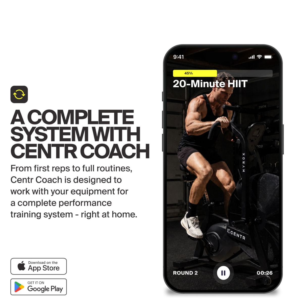 Promotiebeeld met ‘A COMPLETE SYSTEM WITH CENTR COACH’; telefoonscherm toont een man op de airbike bij ‘20-Minute HIIT’.
