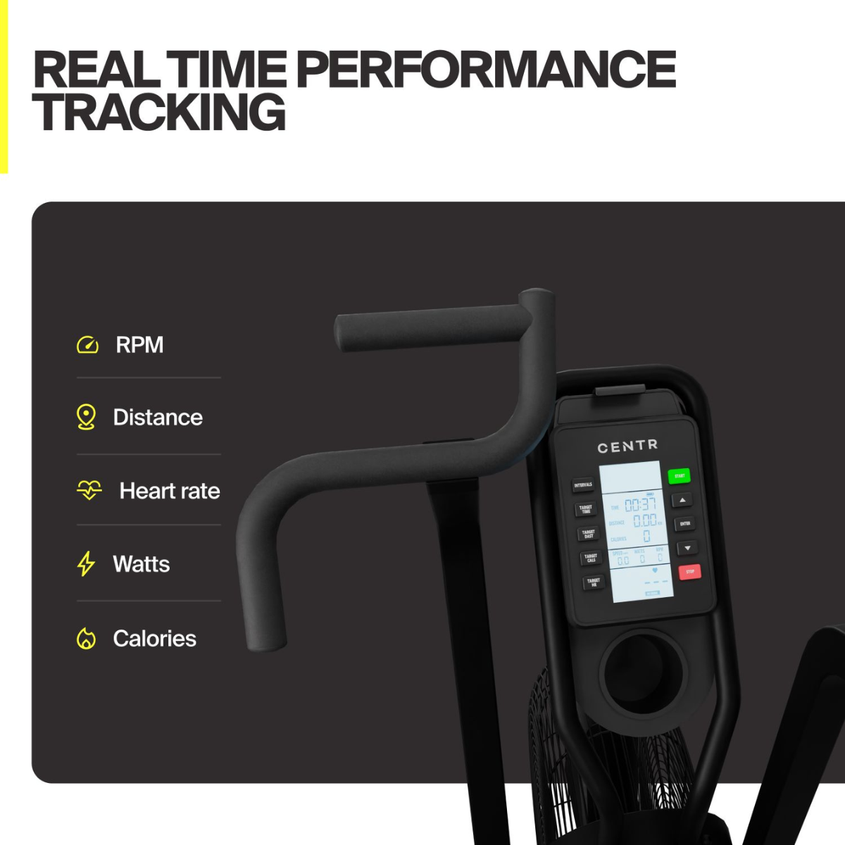 Display en handgreep van de airbike met de kop ‘REAL TIME PERFORMANCE TRACKING’ en waarden voor RPM, afstand, hartslag, watt en calorieën.