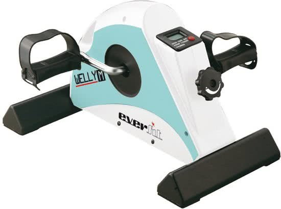 Witte mini-hometrainer met turquoise details, zwarte pedalen en handgrepen.