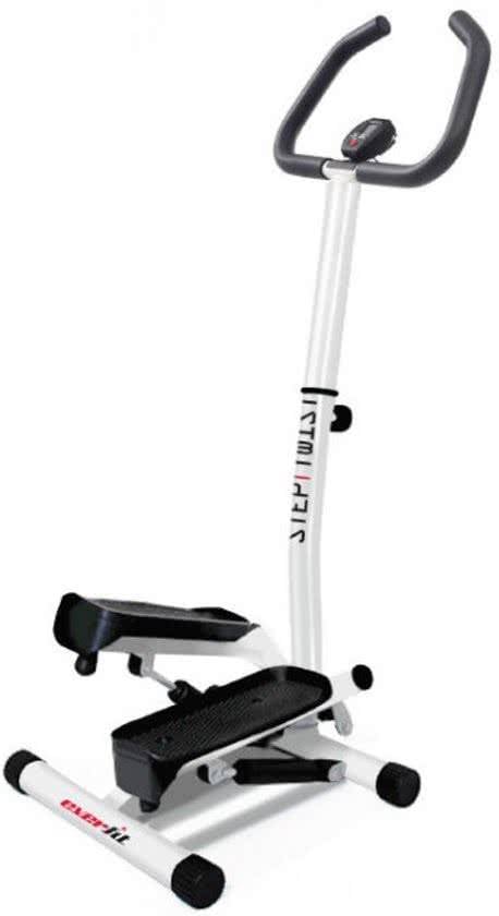 Witte mini-stepper met handgreep, display en twee voetpedalen.