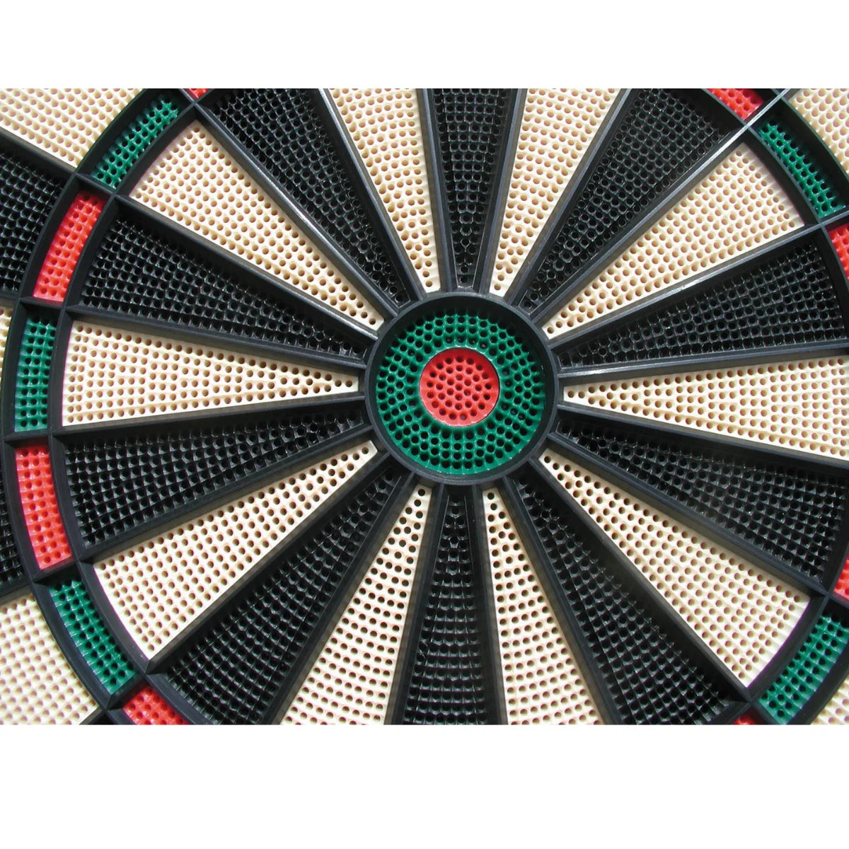 Close-up van het bullseye en de blauw-rode segmenten van een elektronisch dartbord.