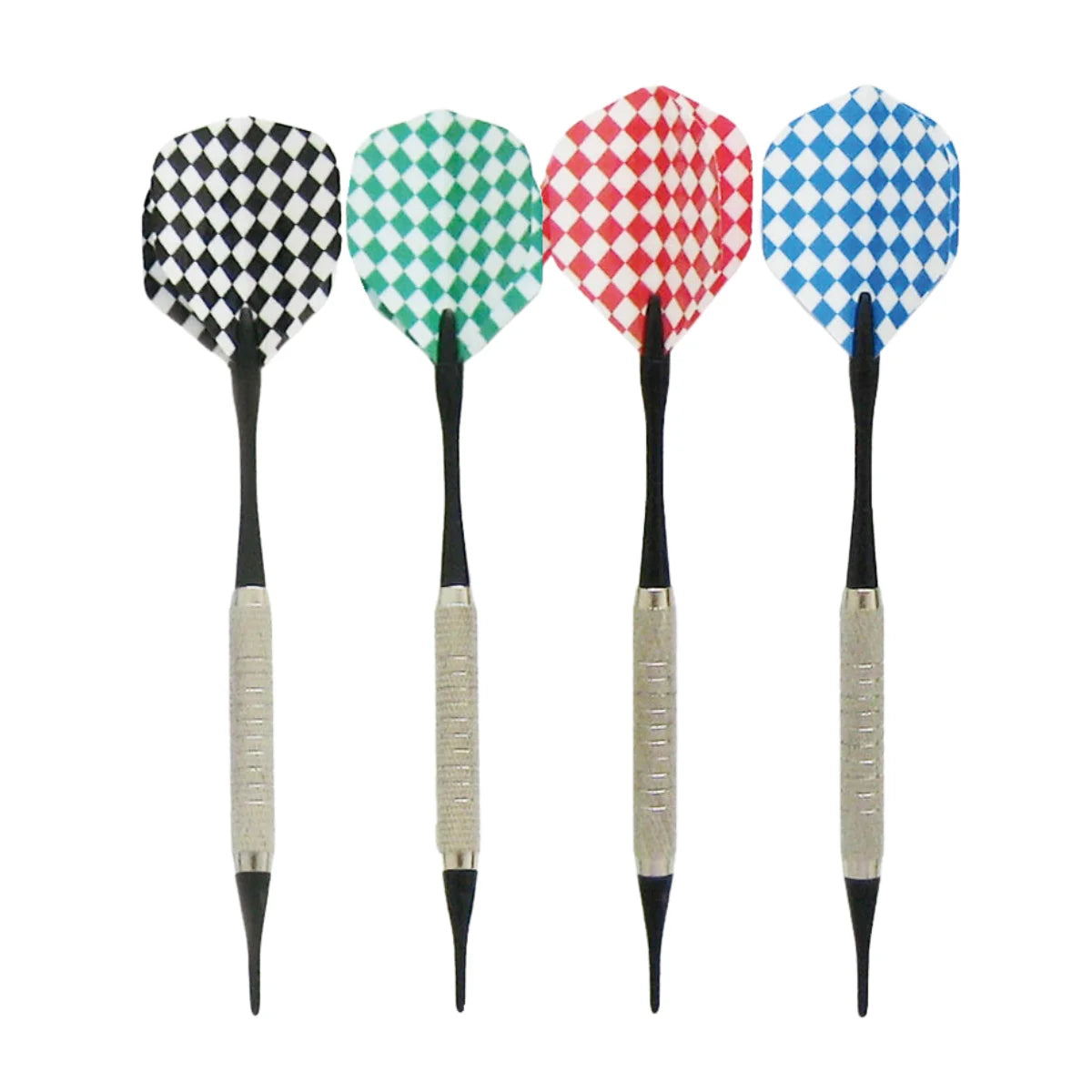 Vier darts met geruite zwart-witte, groene, rode en blauwe flights.