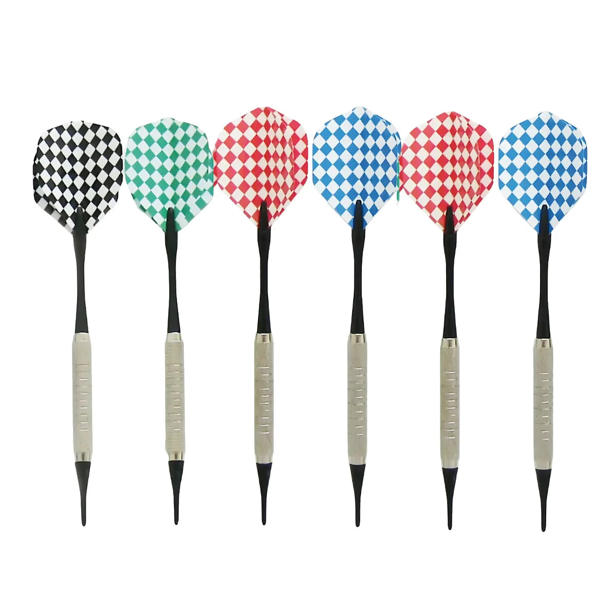 Vier darts met zwart-wit, groen-wit, rood-wit en blauw-wit geruite flights.