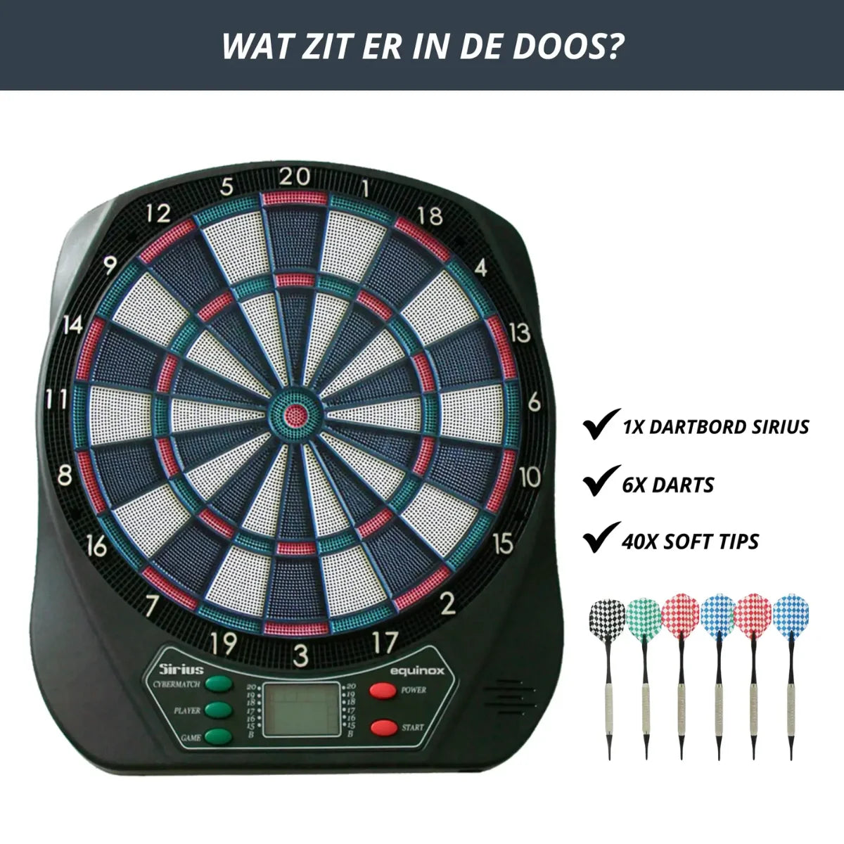 Overzicht van de doosinhoud: dartbord ‘Sirius’, zes darts en veertig softtips, met de tekst ‘WAT ZIT ER IN DE DOOS?’.